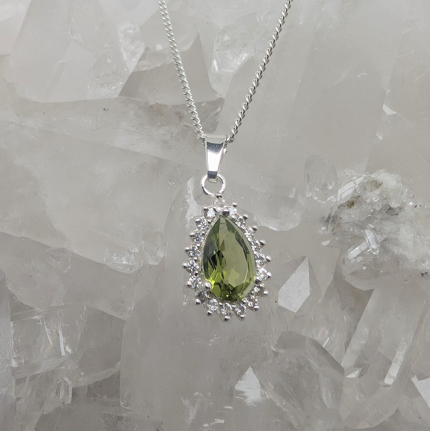 Peridot Silver Tdrop+CZ Necklace