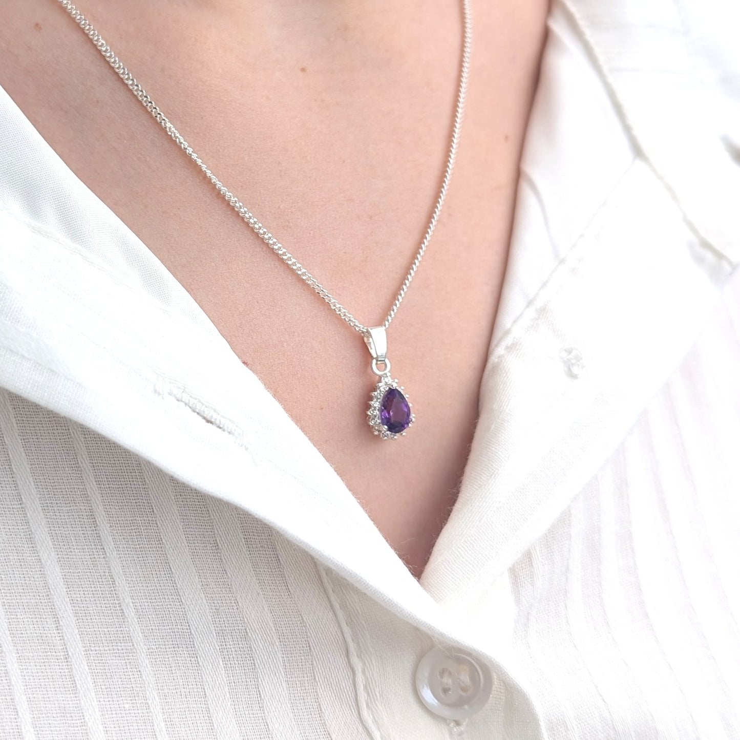 Amethyst Silver TDrop+CZ Necklace