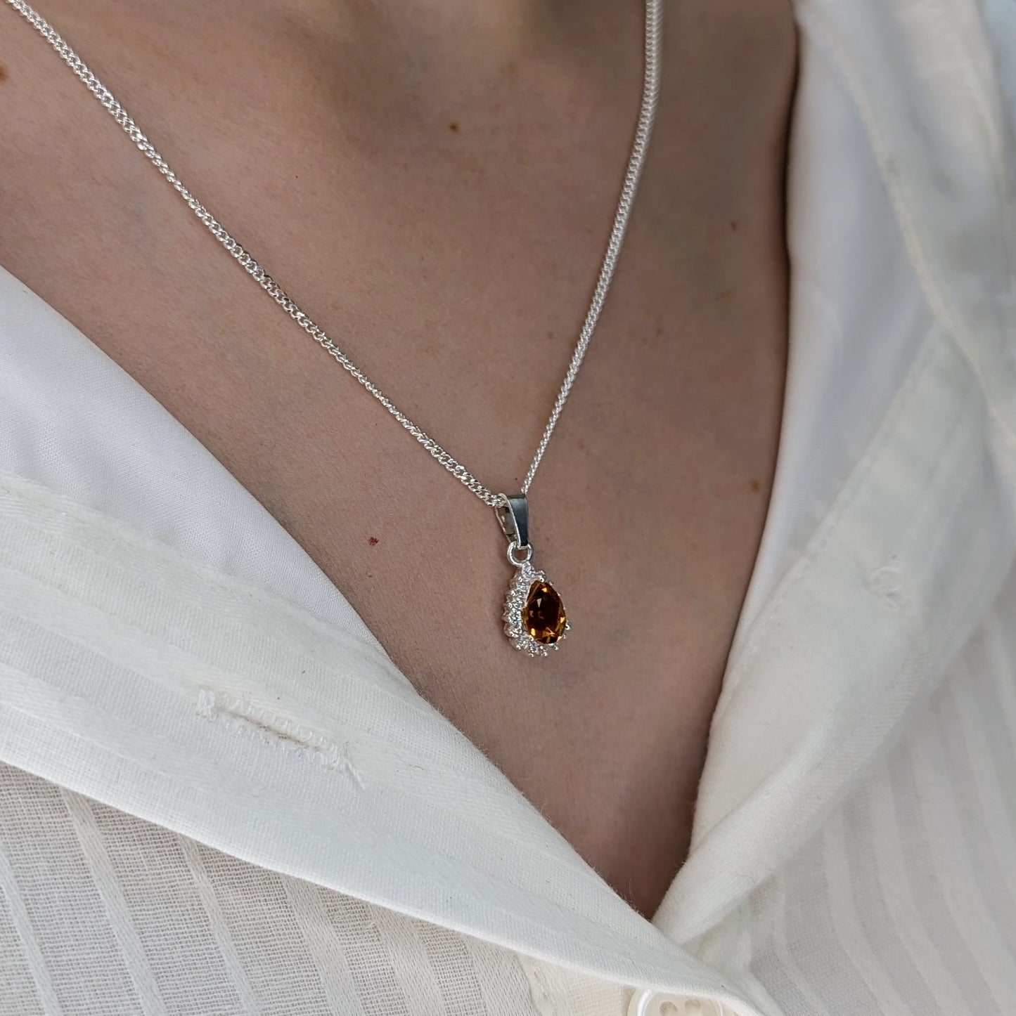 Citrine Silver Tdrop+CZ Necklace