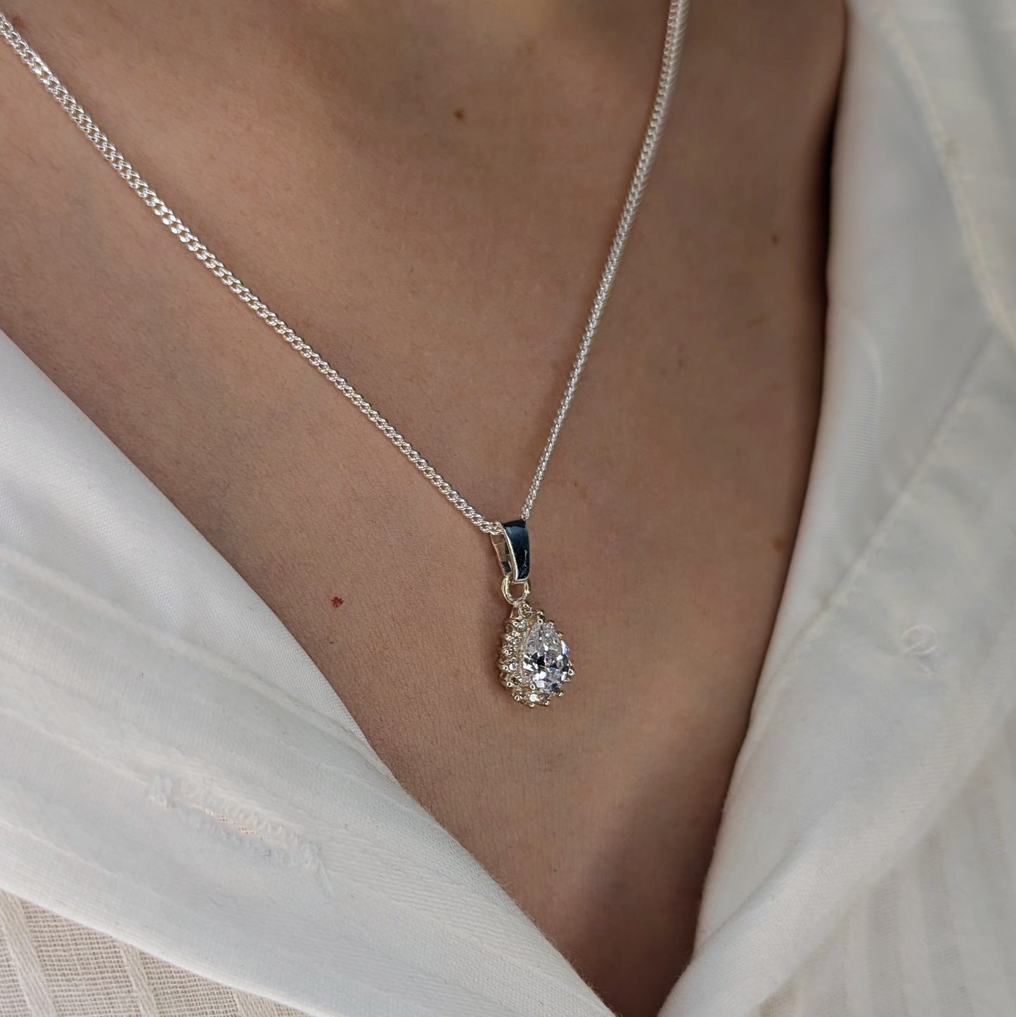 Cubic Zirconia Silver Tdrop+CZ Necklace