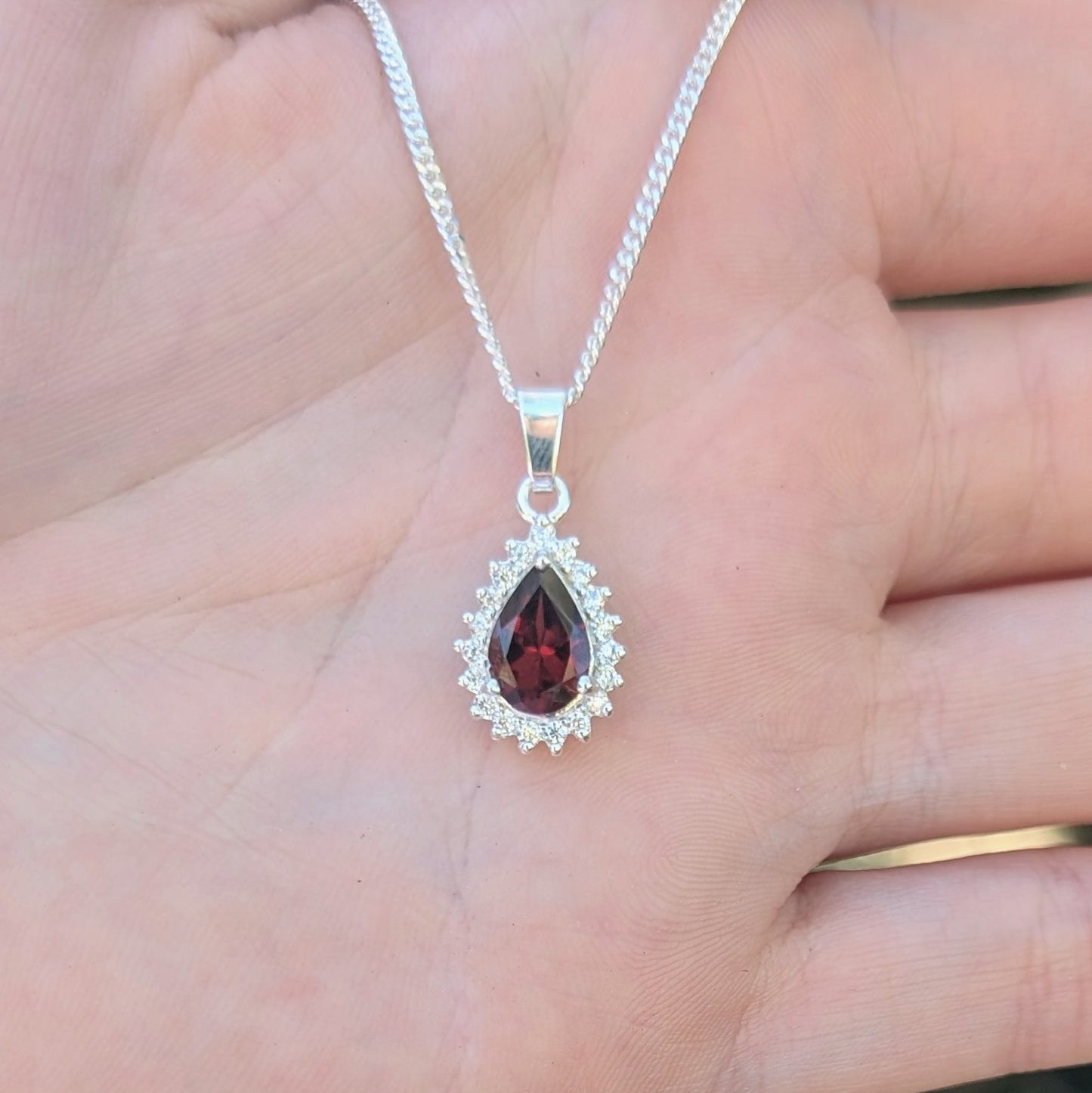 Garnet Silver Tdrop+CZ Necklace