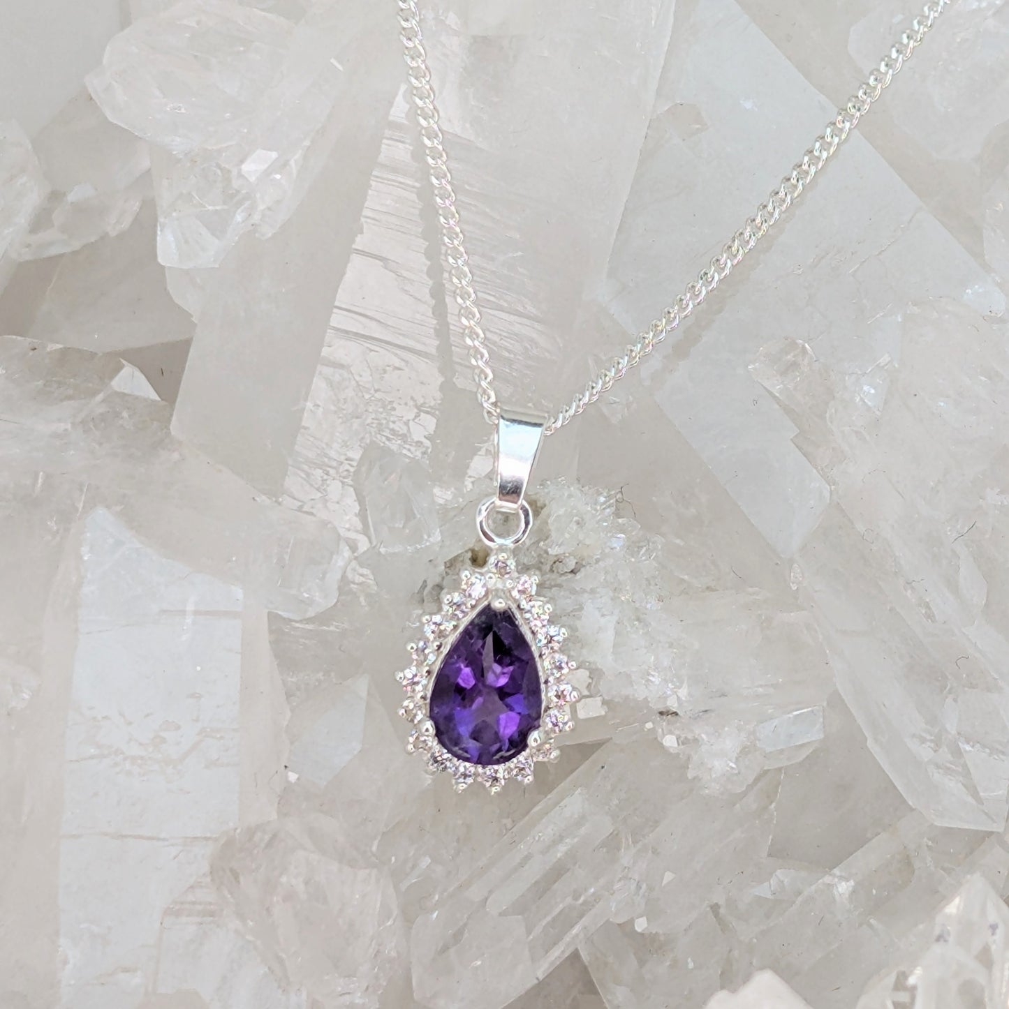 Amethyst Silver TDrop+CZ Necklace
