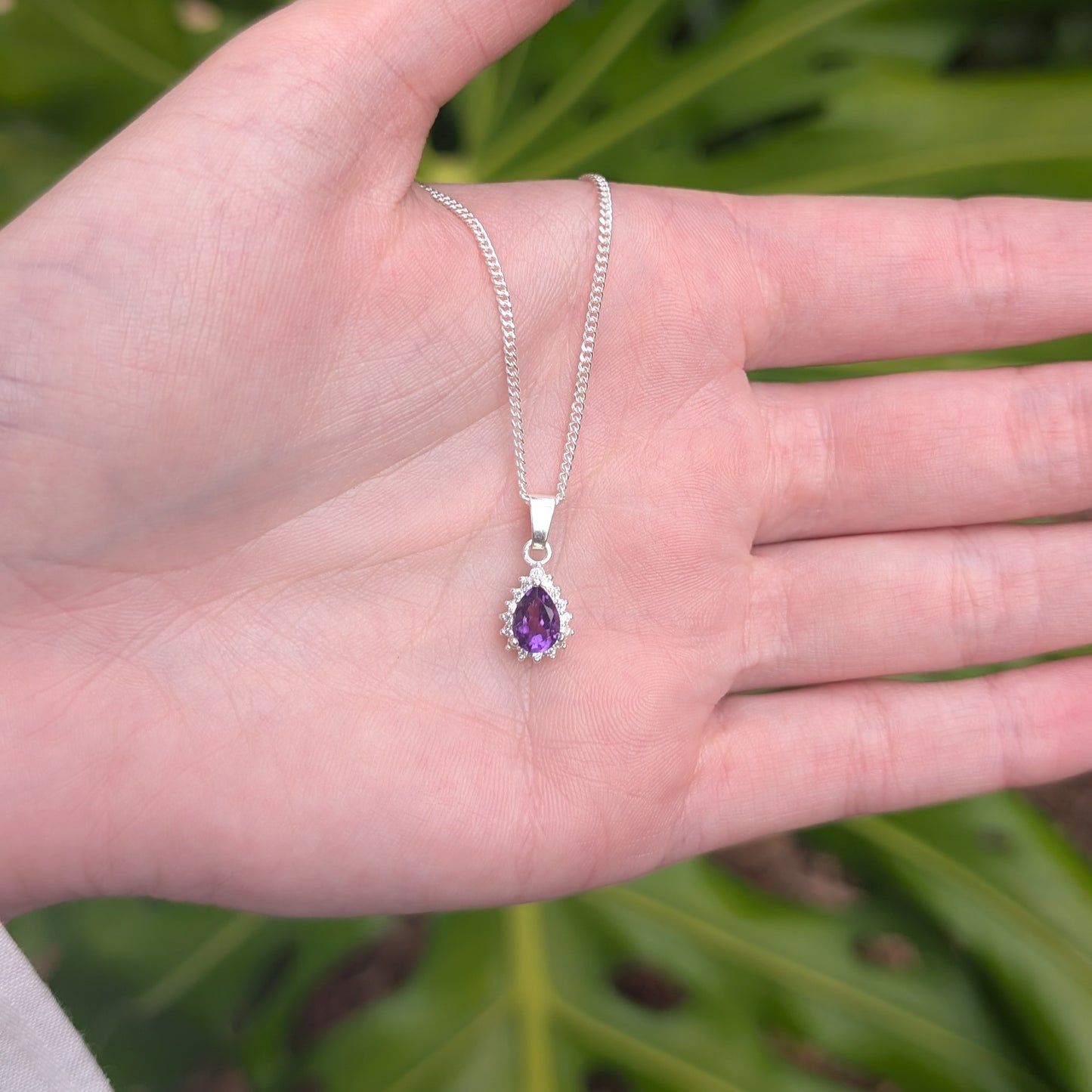 Amethyst Silver TDrop+CZ Necklace