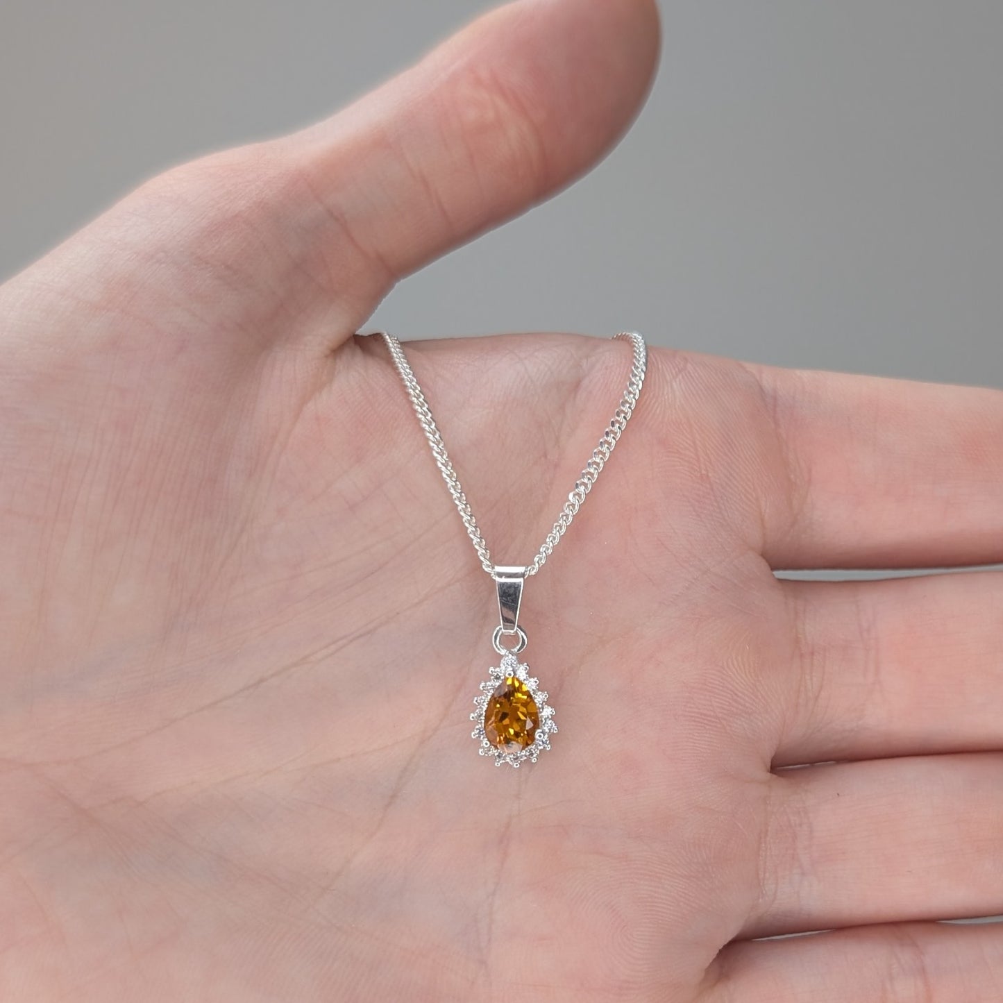 Citrine Silver Tdrop+CZ Necklace