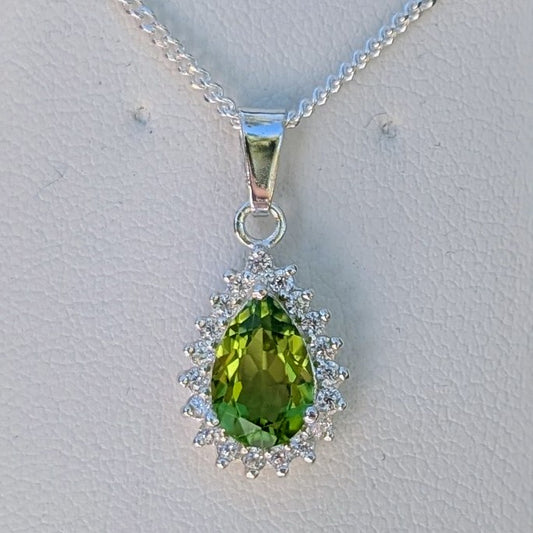 Peridot Silver Tdrop+CZ Necklace