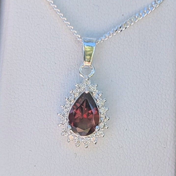 Garnet Silver Tdrop+CZ Necklace