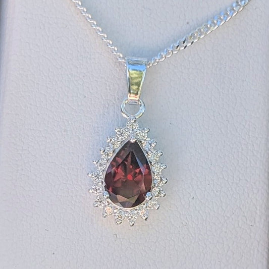Garnet Silver Tdrop+CZ Necklace