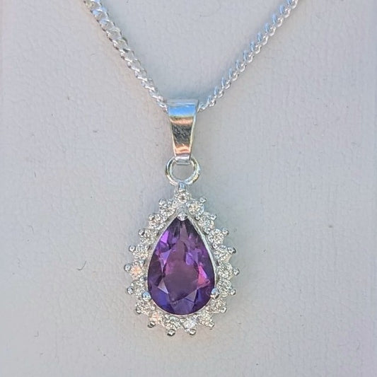 Amethyst Silver TDrop+CZ Necklace