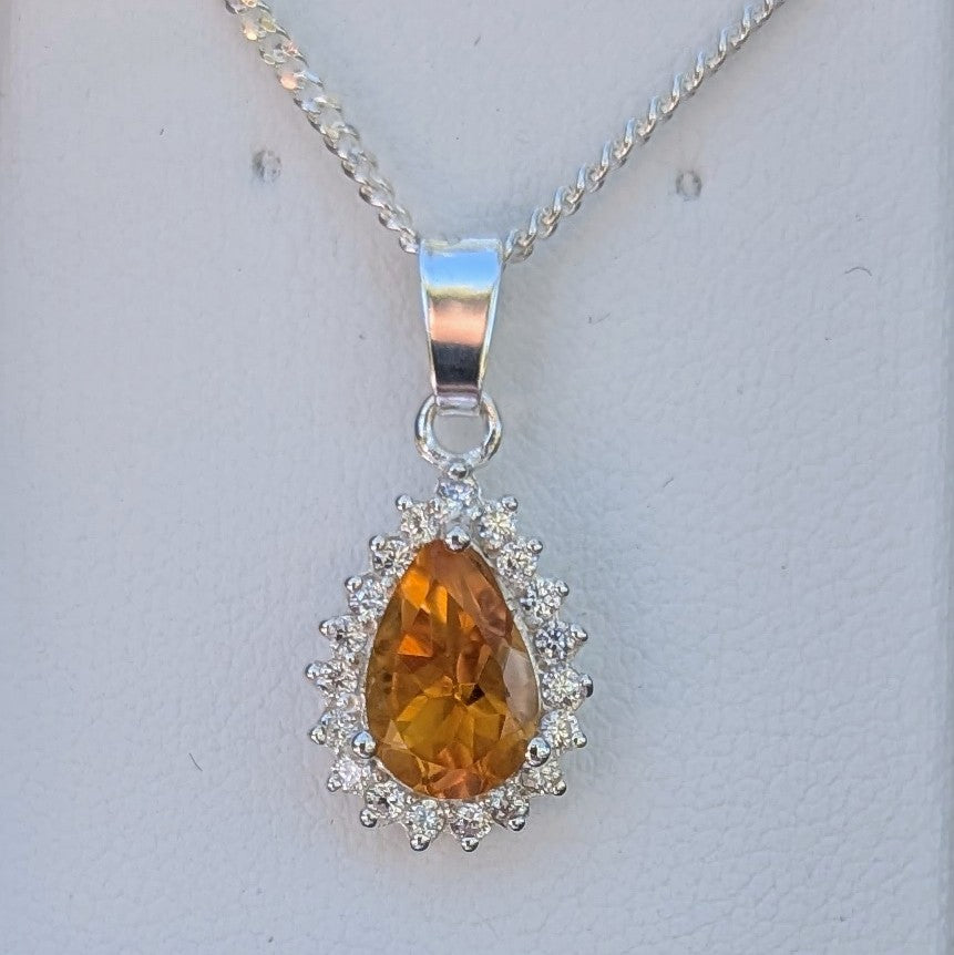 Citrine Silver Tdrop+CZ Necklace