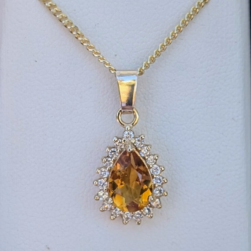 Citrine 9ct Tdrop+CZ Necklace