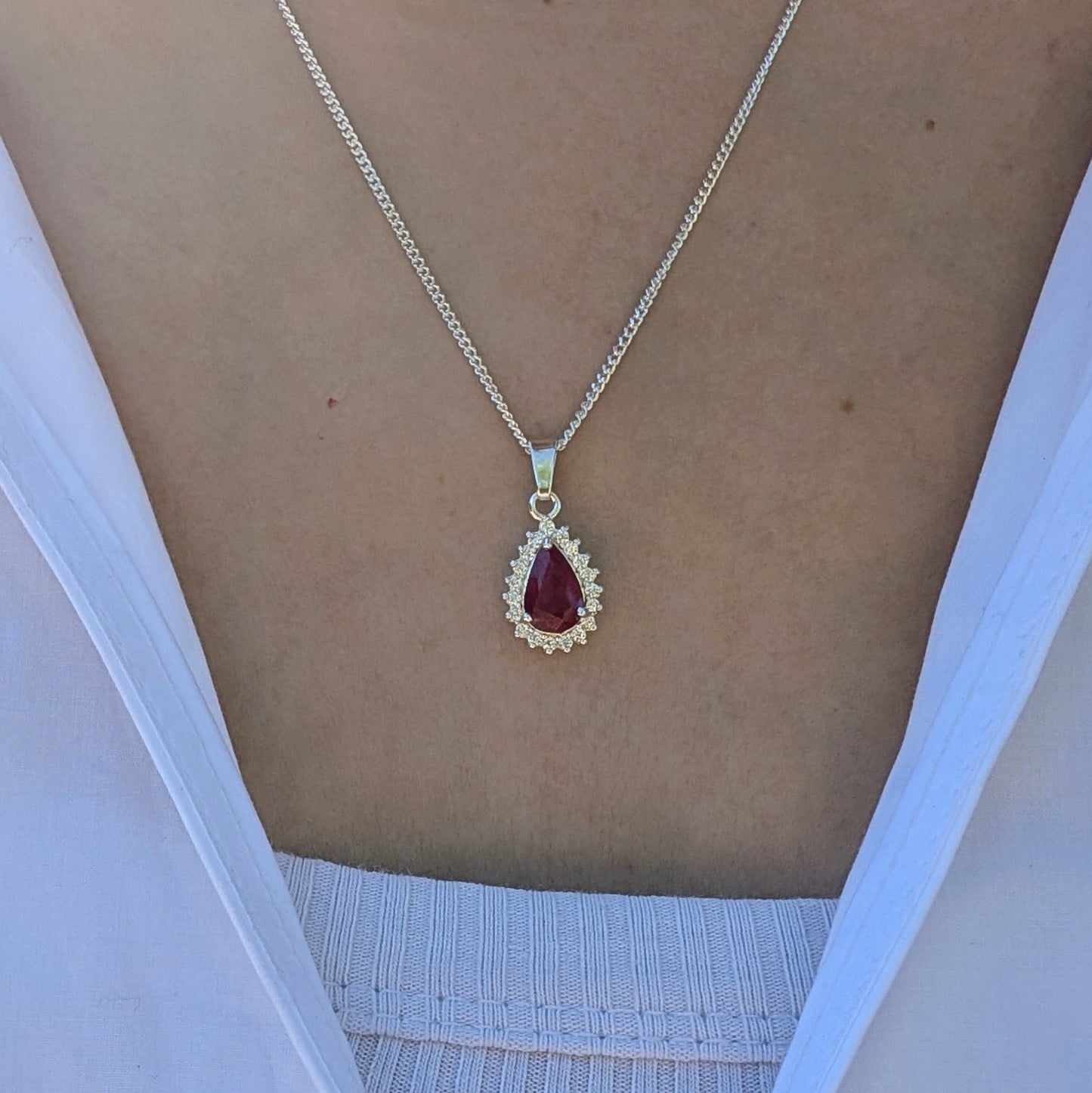 Ruby Silver Tdrop+CZ Necklace
